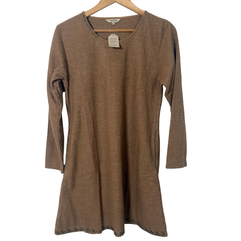 Yak & Yeti Tunic Dress Womens M Brown NEW Waffle Knit Boho Pockets Embroidery